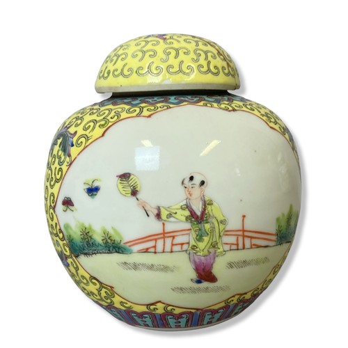 196 - Five 20th-century Chinese porcelain Ginger jars. Including yellow enamel bordered Jar with painted g... 