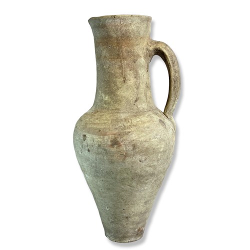 136 - Three large antique Continental pottery Jugs. Including painted Slip Pitcher, A tall Amphora pottery... 