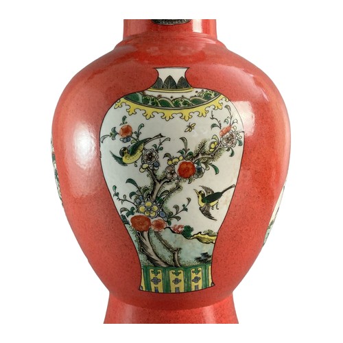 208 - Large pair of Chinese porcelain vases.  Coral red ground with painted Famille verte vases & teapots ... 