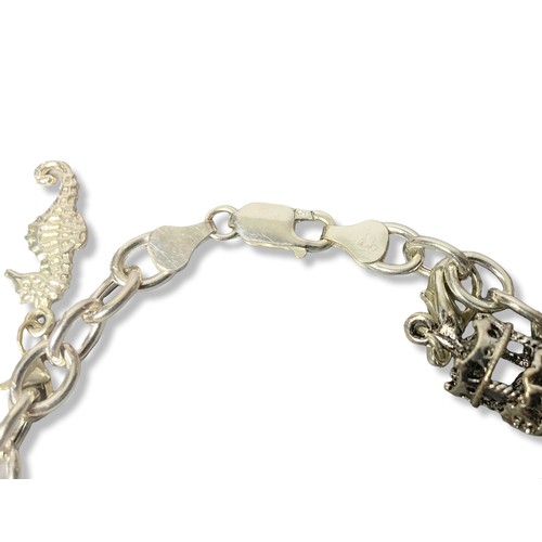 57 - Silver Charm bracelet & six Charms. 
Weighs Approx. 23.53 grams