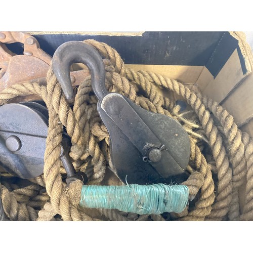 365A - A box of vintage heavy duty Ropes & Cast Iron Pulleys.