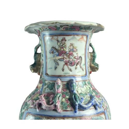 175B - A large 19th Century Chinese Famille rose porcelain vase. Hand-painted overglaze enamels depicting b... 