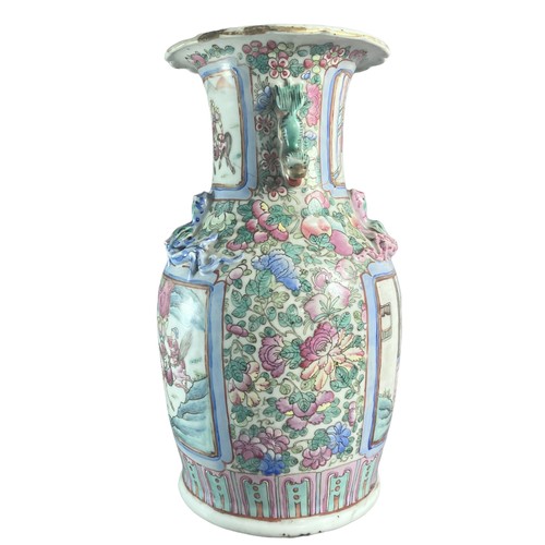 175B - A large 19th Century Chinese Famille rose porcelain vase. Hand-painted overglaze enamels depicting b... 