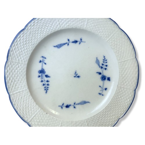 78 - Circa 1770 French Chantilly porcelain plate. Painted blue 'Chantilly sprigs', with moulded basket we... 