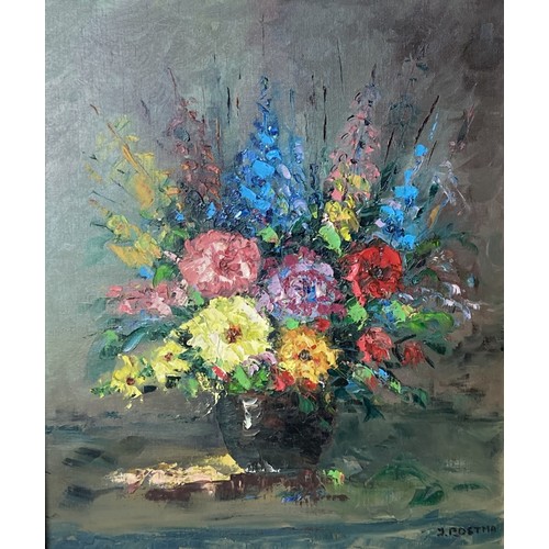 297 - A large signed J. Postma Acrylic floral Still life painting.
65 x 76cm (incl frame).