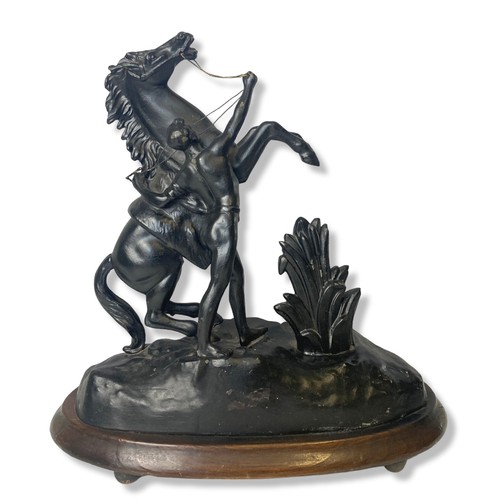 269 - Antique black painted Spelter 'Marley Horse' figure. On wooden base. 
34 x 33cm