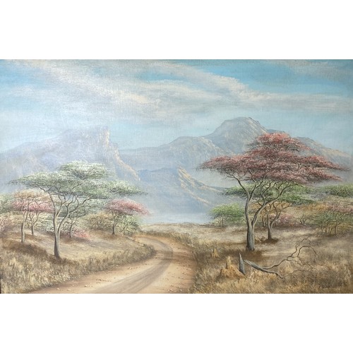 299 - Zimbabwean artist Peter Chimucheka Oil on board. Landscape scene, probably of the Vumba. Signed and ... 