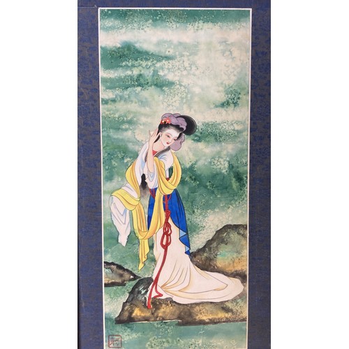 302 - A pair of vintage Chinese watercolour paintings. Depicting Musician and dancer. 
52.5 x 29cm