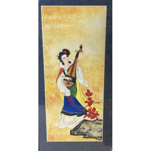 302 - A pair of vintage Chinese watercolour paintings. Depicting Musician and dancer. 
52.5 x 29cm