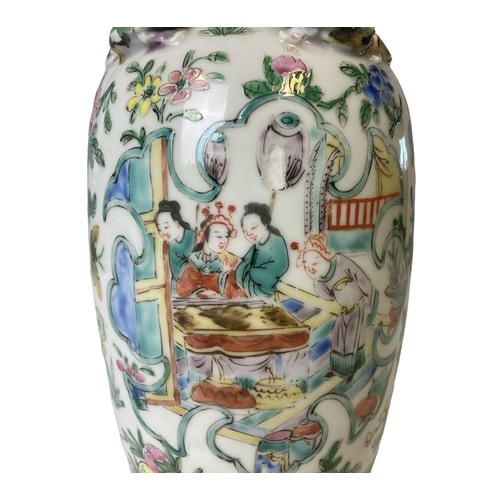 213 - A 19th-Century Chinese Famille verte porcelain vase.  Painted over-glaze enamel scenes, with relief ... 