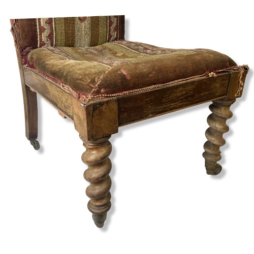 282 - A 19th-century Upholstered Prie Dieu Nursing chair. With Barley twist legs and original casters.