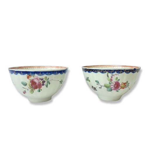 102 - A pair of 18th-century English porcelain tea bowls. Possibly Liverpool? Ribbed form with hand-painte... 