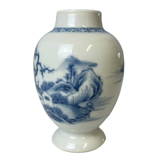 223 - An antique Chinese blue & white export porcelain Tea caddy. Depicting a seaside fishing village. 
11... 