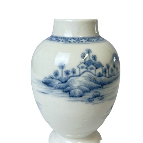 223 - An antique Chinese blue & white export porcelain Tea caddy. Depicting a seaside fishing village. 
11... 