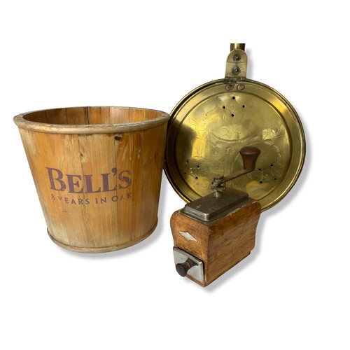 69 - A Miscellaneous collection of wooden and metal wares. Including a bells oak barrel, A crop, fly swat... 