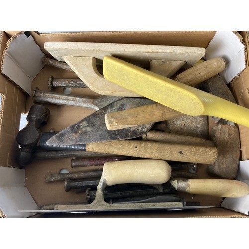 406 - A box of vintage Tools and roll of copper wire.