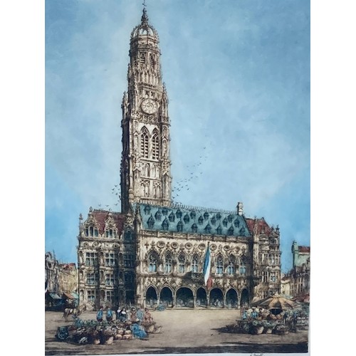 389 - A large William Monk (British 1863-1937) coloured Etching of a french Cathedral. Signed.
104 x 81cm ... 