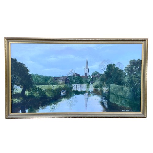 390 - A large John Barber signed Oil on board painting. Depicting a River Thames scene. Signed to lower ri... 