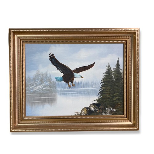 393 - Signed Original framed G. Jeffares Oil on canvas. Depicting an American Bald eagle in flight.
50.5 x... 