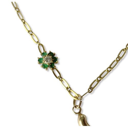 50 - An 18Ct Gold, Diamond & Emerald necklace and pendant. A central flower shape pendant, with a round-c... 