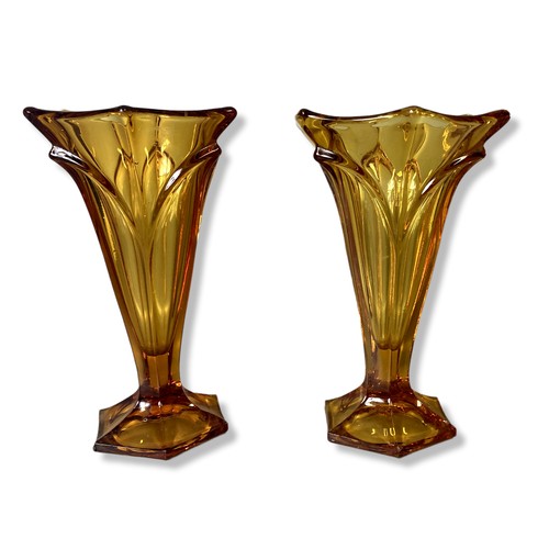 61 - A Job lot of vintage Continental Amber glass. Including a pair of Art Deco Czech vases, A large hand... 