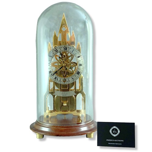 155 - F.W Eliiot of London Skeleton clock in glass dome. Architectural Cathedral (Gothic form) with single... 