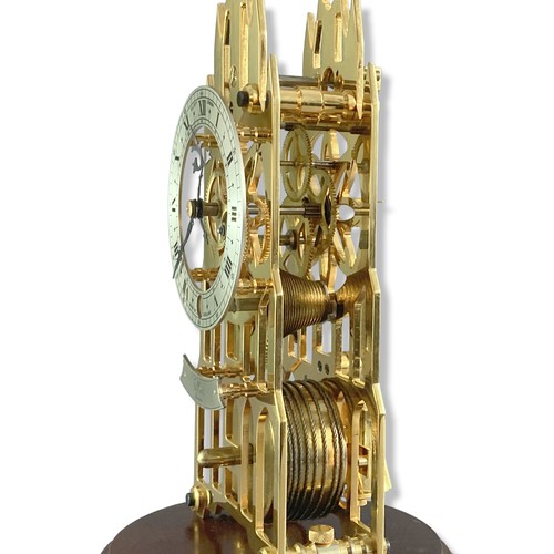 155 - F.W Eliiot of London Skeleton clock in glass dome. Architectural Cathedral (Gothic form) with single... 