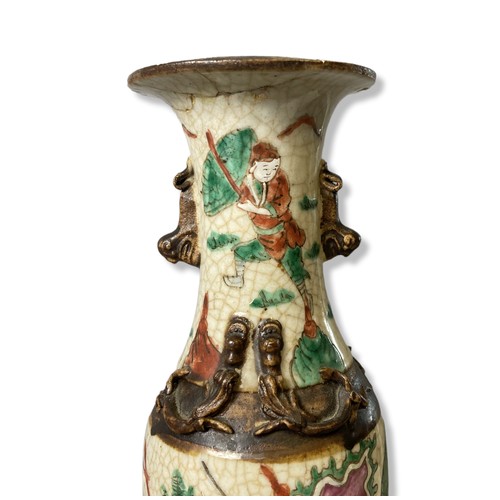 240 - Chinese crackle glaze vase late Qing dynasty . Enamels overglaze painted with battle scenes. With re... 