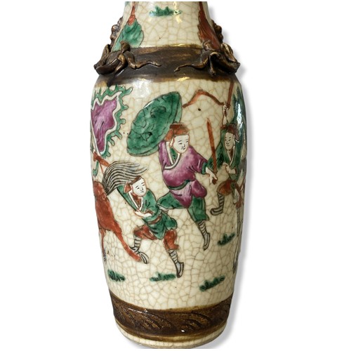 240 - Chinese crackle glaze vase late Qing dynasty . Enamels overglaze painted with battle scenes. With re... 