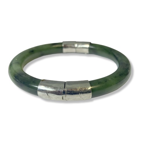 229 - A Chinese white metal & Jade hinged bangle.
7.5cm Diameter.