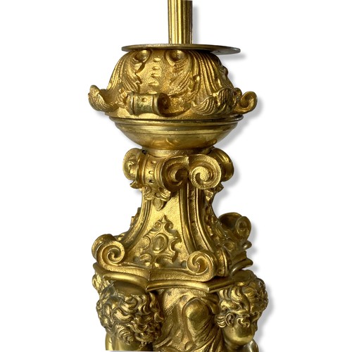 183 - Impressive 19th-century Gilt Bronze Renaissance Candlestick, converted table lamp. Depicting section... 