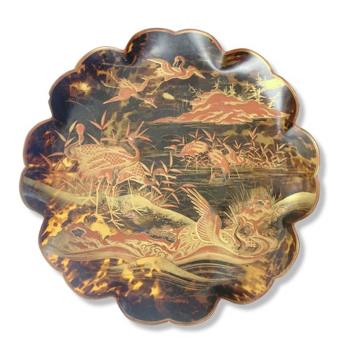 132 - Antique Japanese Tortoise shell dish. Decorated with varois Cranes in landscape scenes. 
7.5 x 35cm