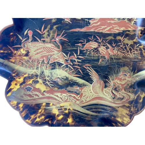 132 - Antique Japanese Tortoise shell dish. Decorated with varois Cranes in landscape scenes. 
7.5 x 35cm