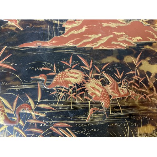 132 - Antique Japanese Tortoise shell dish. Decorated with varois Cranes in landscape scenes. 
7.5 x 35cm