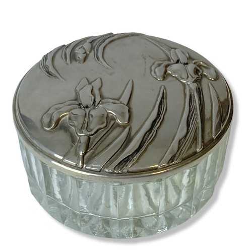 41C - Art Nouveau Silver plate & glass Boudoir Powder box. Embossed Art Nouveau design depicting Iris flow... 