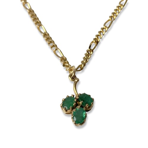 45 - A 9 carat Gold & Emerald Necklace & pendant. three beautiful Emerald set in a clover type claw setti... 