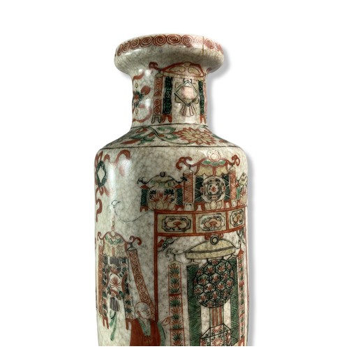 240A - A Chinese porcelain Rouleau vase. Hand-painted in Iron red and famille verte palette.
25cm Tall