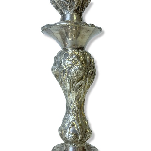 150A - Antique pair of cast Silver plate candlesticks. Relief stylised exotic Birds amongst foliage.
26cm T... 