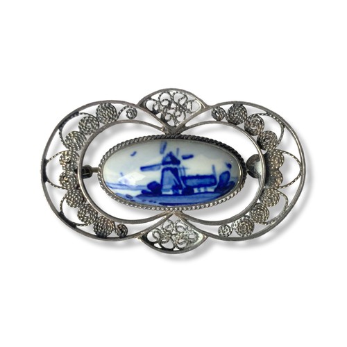 10 - A Silver filigree and hand-painted Delft necklace, Brooch and bracelet set.