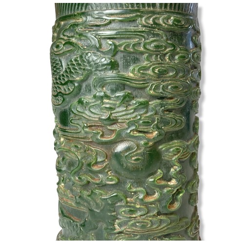 110 - A large, Chinese carved Jade or hardstone Brush pot holder. Deeply carved with a 5-claw Dragon chasi... 