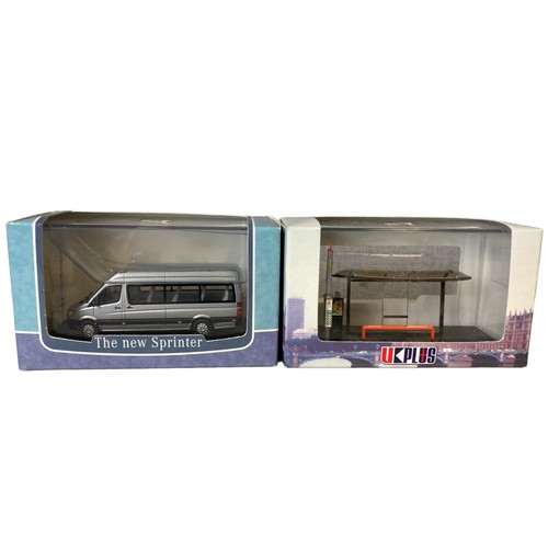 19 - A job lot of Diecast model buses & Van. Including a Creative masters Mercedes sprinter & Bus stop, G... 