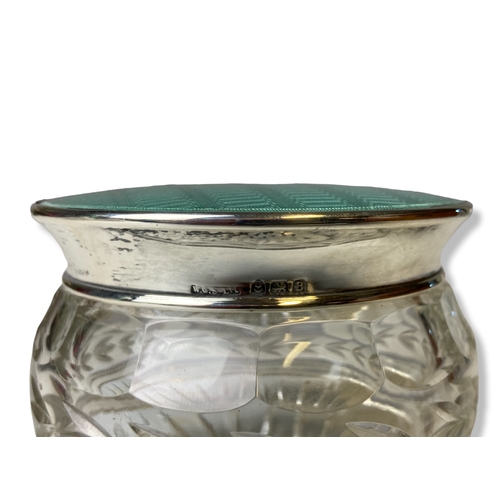 56 - An Art Deco Silver & green Guilloche powder box. With a Cut glass bowl. Silver hallmarks for Birming... 