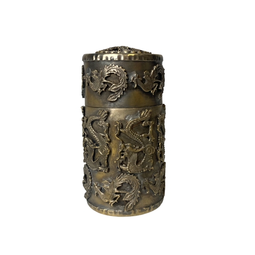 64 - A collection of Oriental metal items, including a Tibetan metal & Jade opium pipe and Dragon mounted... 