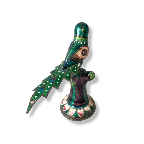 1 - An early 20th-century Indian Enamel gem-set & silver bird figurine. Depicting a Parrot perched on tr... 