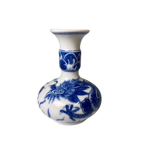 208 - Two Chinese porcelain hand painted blue & white vases. One depicting a five-claw Dragon and the othe... 