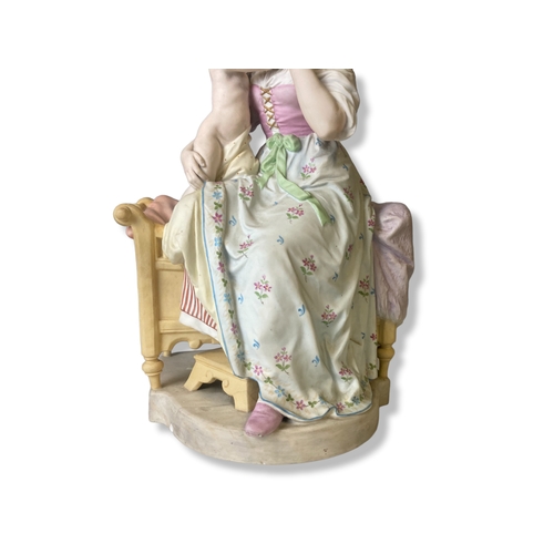 133 - A large Continental Biscuit porcelain figure group. Depicting a hand-painted Mother & Child. marks t... 