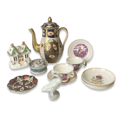 134 - A job lot of English & European porcelain. Including a large Davenport Imari chocolate pot, Lustre w... 