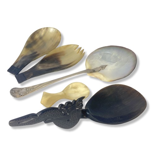 68 - A collection of Horn & Mother of Pearl serving spoons. Including a Dixon silver plate & Mother of Pe... 