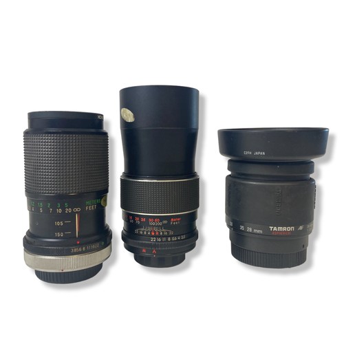 94 - Three vintage Camera Lenses. Including a Mirage auto reflex 200mm, Tamron 28-80mm and a Vivitar 72-1... 