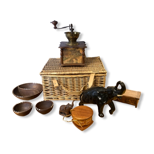 37 - A vintage basket of various collectables. Including Coffee grinder, box etc.